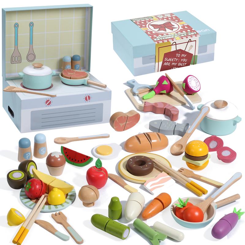 Giant bean Wooden Play Food Set, Play Kitchen Accessories, 71PCS Pretend Play Cooking Toy, Vegetables Fruits Cutting Toys, Play Dishes, Educational Toys