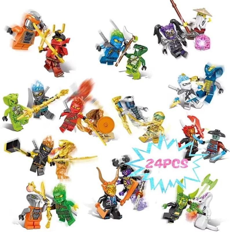 24 Pack Nija Mini Action Figure Set Ninjago Anime Movies Fans Mini Characters Toys with Nija Weapons ,Collectible Building Blocks Combat Stitching Figures for Boy& Girls