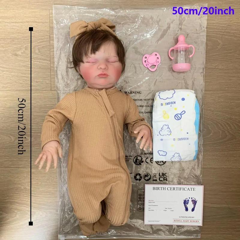 Realistic Reborn Sleeping Doll, 50cm Cute Doll with 3D Skin and Visible Veins, Soft Silicone Newborn Doll with Pacifier, Bottle, Diaper, Birth Certification, Vivid Doll Toy for Kids, Stocking Fillers Gift, Christmas Gift