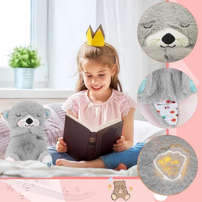 Breathing stuffed animal with light and music, grey breathing otter plush doll to relieve anxiety, suitable for adult and children's birthday gifts