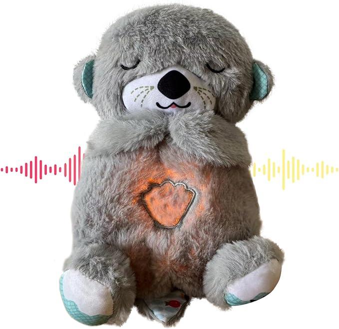 Breathing stuffed animal with light and music, grey breathing otter plush doll to relieve anxiety, suitable for adult and children's birthday gifts