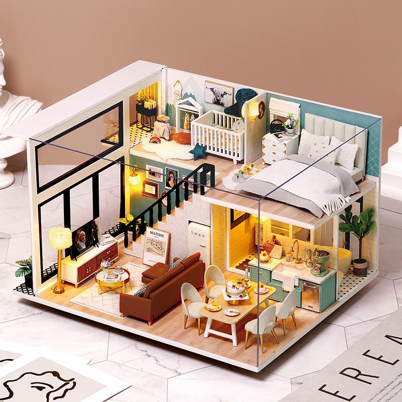 DIY Wooden House Kit, DIY Miniature House Kit with LED Light, Creative Home Decoration, DIY Handmade Model Building Kit, Wooden 3D Puzzle Toy