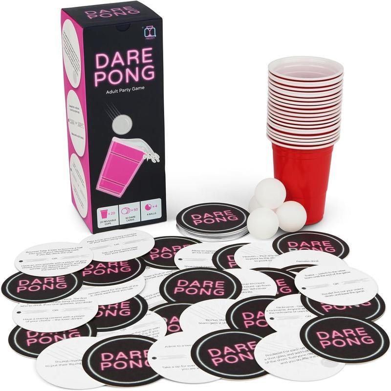 Dare Pong - Drinking Game for Adults, Bachelorette Party Games, Adult Party Games - Full Beer Pong Set and 50 Coasters with Dares - Perfect for Couples Card Game, 21st Birthday Gifts for Her