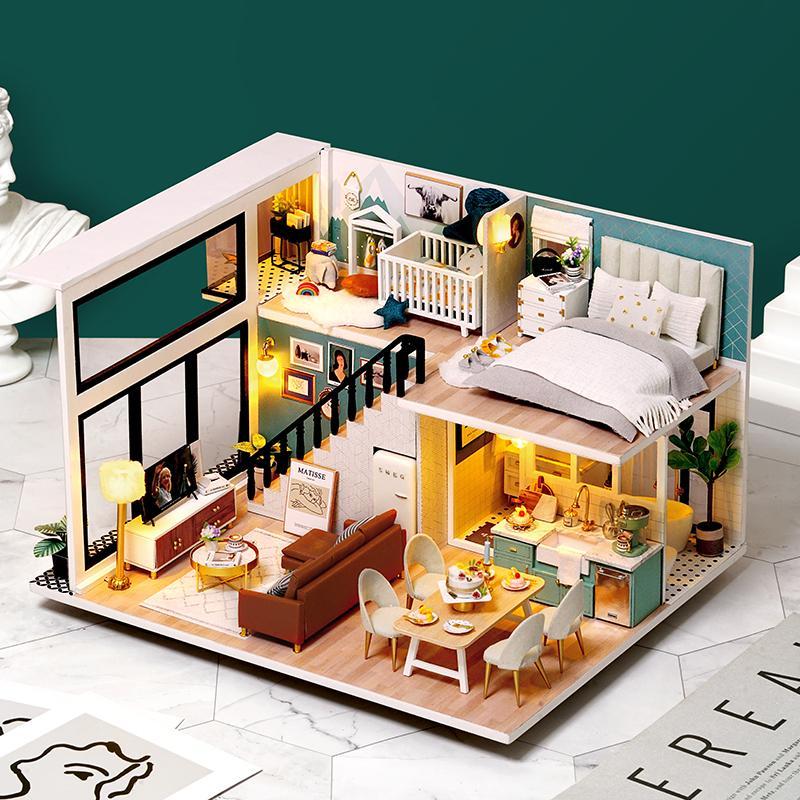 DIY Wooden House Kit, DIY Miniature House Kit with LED Light, Creative Home Decoration, DIY Handmade Model Building Kit, Wooden 3D Puzzle Toy