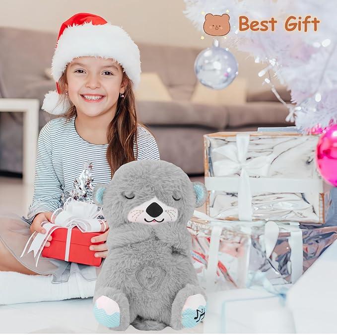 Breathing stuffed animal with light and music, grey breathing otter plush doll to relieve anxiety, suitable for adult and children's birthday gifts