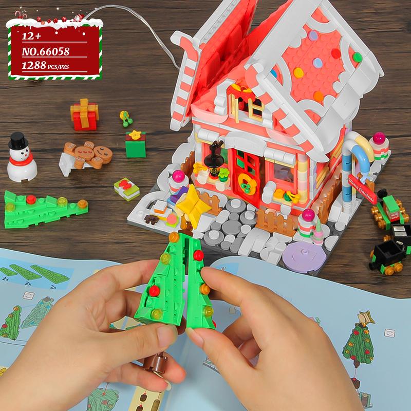 Christmas 2024 TOKMOC Gingerbread House Building Block Set,Pink,Green,Village House Blocks Architecture Set with Christmas Tree and Train,Christmas Ornaments Gift and Home Decoration,For aged 12 and above,66057,1288 Pieces