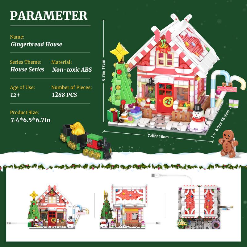 Christmas 2024 TOKMOC Gingerbread House Building Block Set,Pink,Green,Village House Blocks Architecture Set with Christmas Tree and Train,Christmas Ornaments Gift and Home Decoration,For aged 12 and above,66057,1288 Pieces