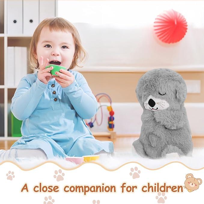 Breathing stuffed animal with light and music, grey breathing otter plush doll to relieve anxiety, suitable for adult and children's birthday gifts