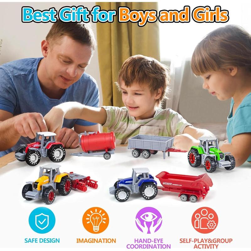 4 Pack Farm Tractor Toys with Trailers, Die cast Tractor Toys for Kids 3-5 Detachable Alloy Farm Tractors and Truck Toys for Toddlers Boys 3 4 5 6 7 8 Birthday Gift & Cake Toppers