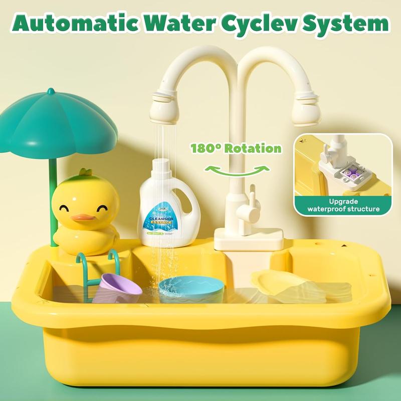 CUTE STONE Play Sink with Running Water, Kitchen Sink Toys with Play Food and Kitchen Utensils, Pool Floating Toys for Fishing Game