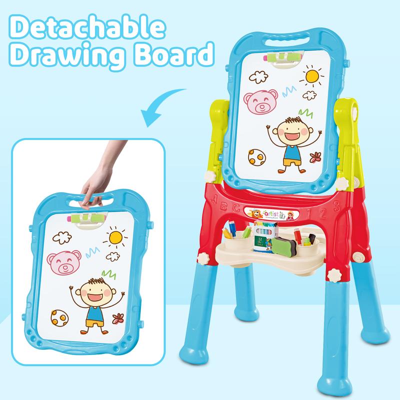 deAO Art Easel Toys, 4-in-1 Double Magnetic Drawing Board Adjustable Standing Rotatable Sidewalk Chalk with Painting Writing Accessories, Easel Toys