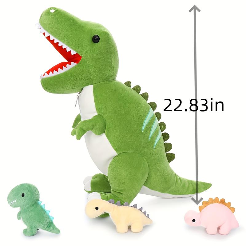 Giant Dinosaur Stuffed Animal 23.6'' Big T-Rex Mommy Dinosaur Plush Toy With 3 Cute Baby Dinosaurs & 3 Egg Bags Inside Its Zippered Tummy For Boys Girls