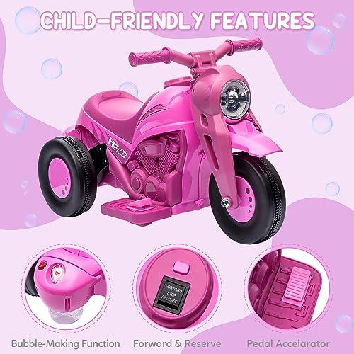 6V Battery Powered Electric Bubble Car Motorcycle for Toddlers 3+, 1.9 MPH Speed, LED Headlights, Music, Pedal, Forward Reverse, 3 Wheels, Available in Pink, Red, Beige, Green