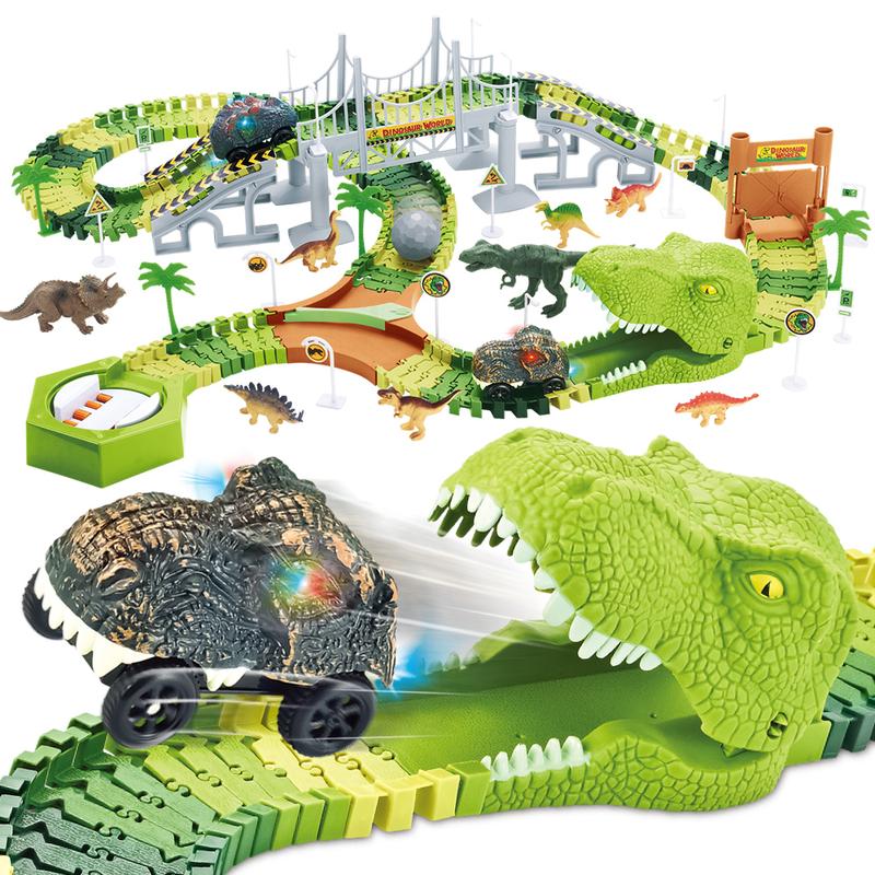 174 PCS Flexible Dinosaur Train Tracks and Race Cars Playset with 8 Dinosaurs Figures, Electric Vehicles, Lights - Create Road Racing World for Toddlers and Kids