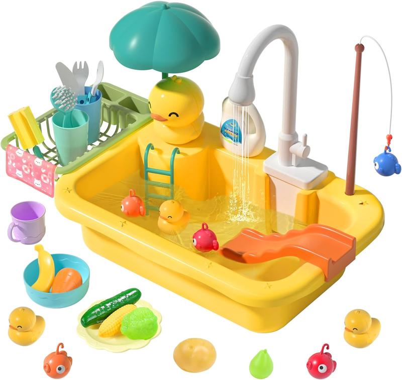 CUTE STONE Play Sink with Running Water, Kitchen Sink Toys with Play Food and Kitchen Utensils, Pool Floating Toys for Fishing Game