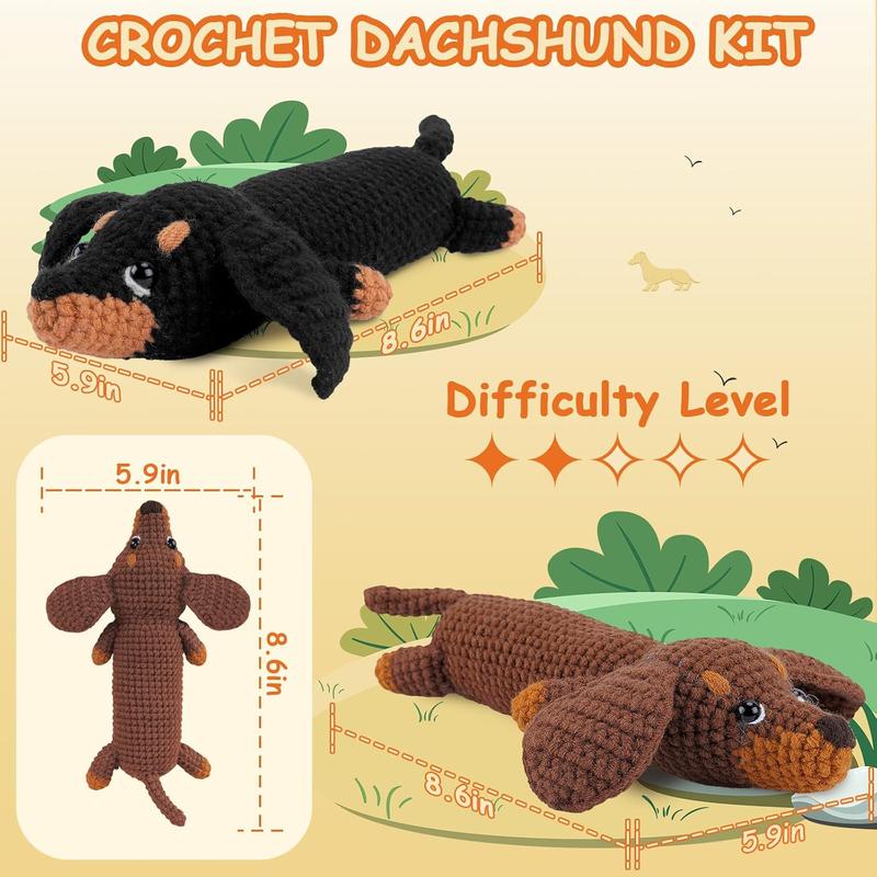 Crochet Kit for Beginners - 2 count Dachshund Crochet Kit with Step-by-Step Video Tutorials, Beginner Crochet Kit for Adults, Crochet  Kit for , Dog Crocheting Set (Brown & Black)