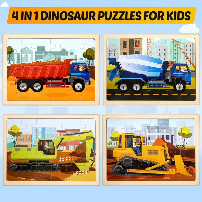 Wooden Vehicle Puzzles for Kids Age 3 4 5 Year Old, 4 Pack 24 count Montessori Toddler Jigsaw Puzzles for Girl boy Activities Preschool Learning Educational Birthday Gift Travel Autistic Wooden Toys