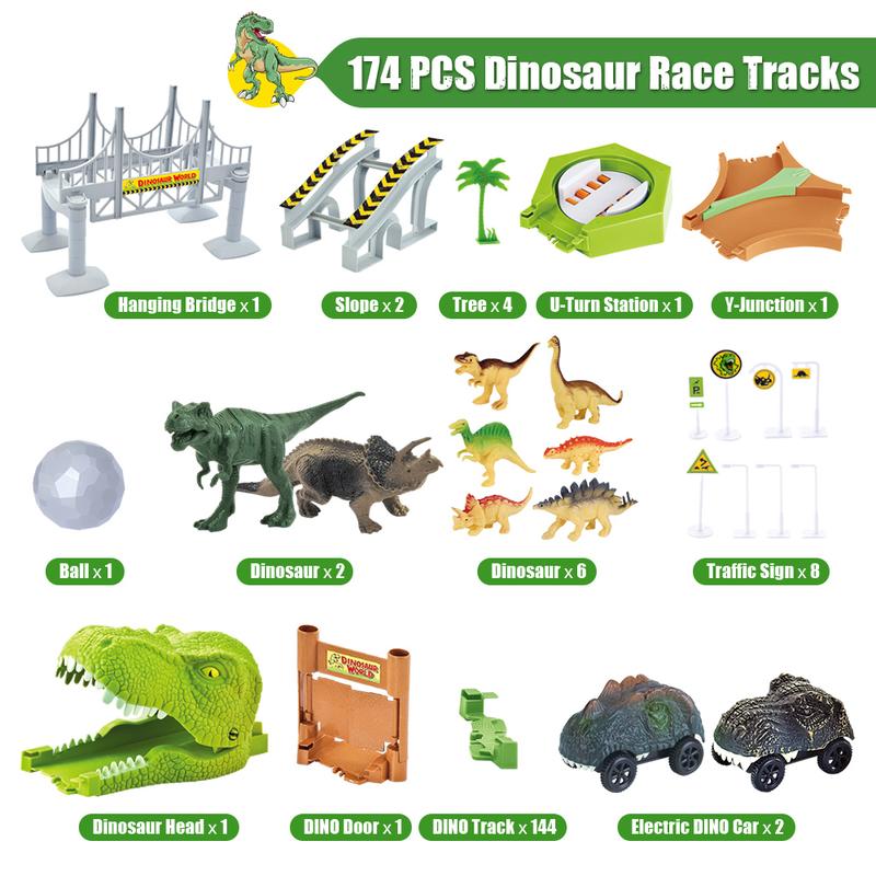 174 PCS Flexible Dinosaur Train Tracks and Race Cars Playset with 8 Dinosaurs Figures, Electric Vehicles, Lights - Create Road Racing World for Toddlers and Kids