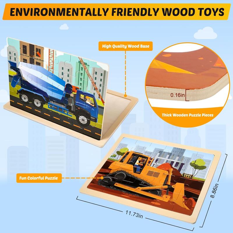 Wooden Vehicle Puzzles for Kids Age 3 4 5 Year Old, 4 Pack 24 count Montessori Toddler Jigsaw Puzzles for Girl boy Activities Preschool Learning Educational Birthday Gift Travel Autistic Wooden Toys