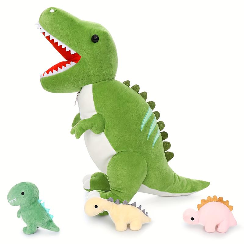 Giant Dinosaur Stuffed Animal 23.6'' Big T-Rex Mommy Dinosaur Plush Toy With 3 Cute Baby Dinosaurs & 3 Egg Bags Inside Its Zippered Tummy For Boys Girls