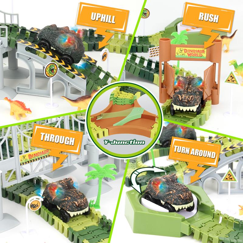 174 PCS Flexible Dinosaur Train Tracks and Race Cars Playset with 8 Dinosaurs Figures, Electric Vehicles, Lights - Create Road Racing World for Toddlers and Kids