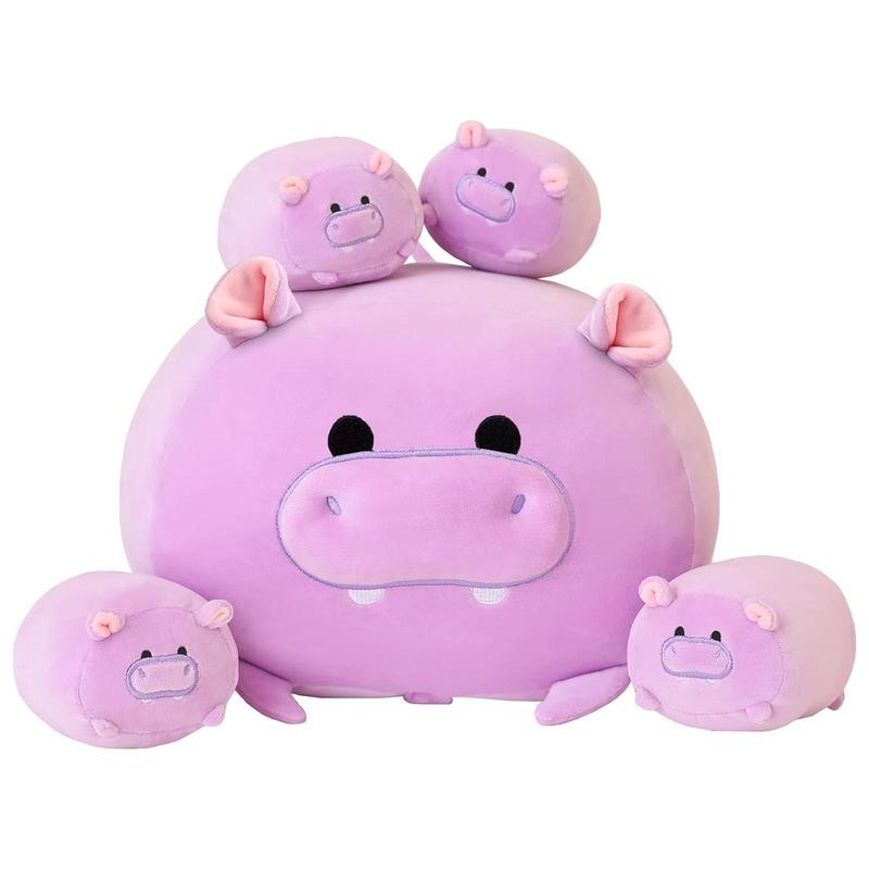 Cute Hippo Design Plush Toy, Stuffed Animal Toy, Soft & Comfy Plush Toy, Hippo Mommy with 4 Babies Hippo in her Tummy, Lovely Plush Toy