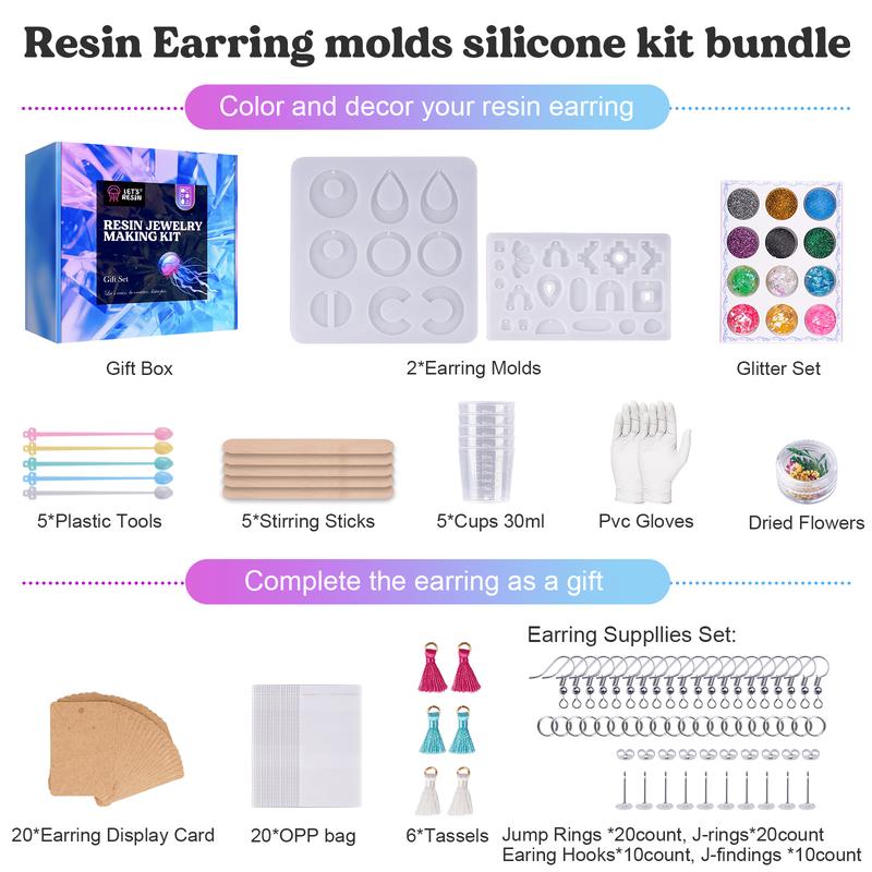 Resin Earring Kit for Beginners, Epoxy Resin Supplies, Resin Kits and Molds Complete Set Include Dried Flowers, Earring Hooks for DIY Earring and Jewelry Earring Making - LET'S RESIN