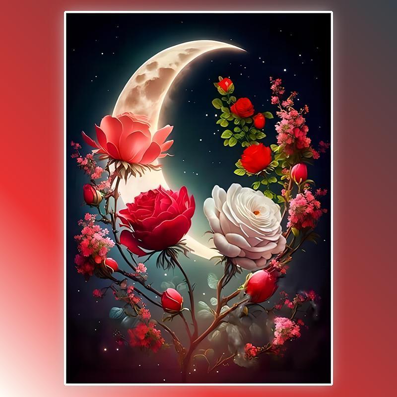 Diamond Arts Colorful Painting Kit, Moon & Flower DIY Rhinestone Embroidery Set, Full Drill Embroidery Pasted Painting Without Frame For Home Wall Decor