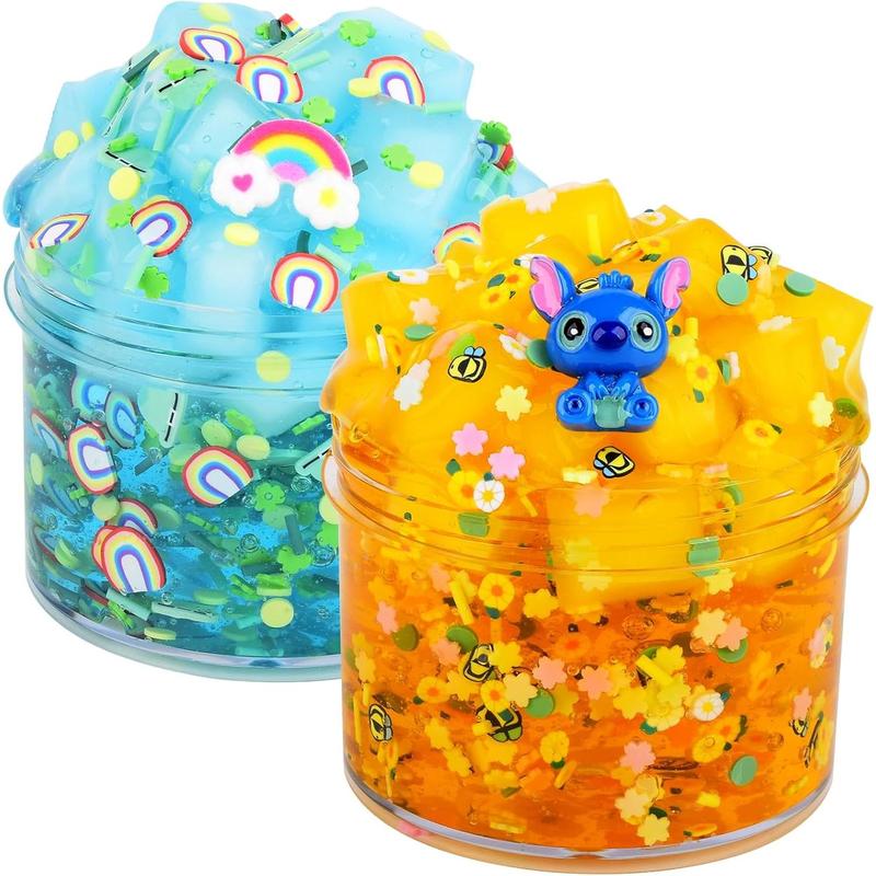 2 Pack Jelly Cubes Crispy Slime Set, Clear Crystal Slime with Rainbow and Yellow, Super Soft and Non-stick, Birthday Gift Slime Party Favors. Toys for Kids Boys Girls i