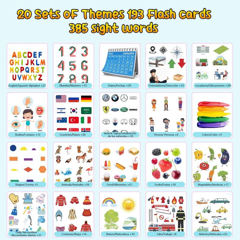 FREE TO FLY Toys Spanish English Gifts: 385 Sight Words Spanish English Talking Flash Cards for Montessori Toys Speech Toy Spanish Learning