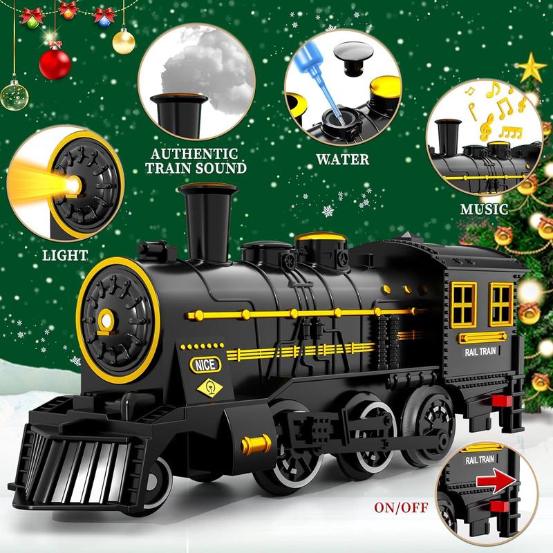 Electric Train Set with Retro Classic Locomotive Engine, Cargo Car and Long Track,Rechargeable Battery Operated Play Train Toys with Smoke, Light&Sounds train carriage，Christmas Train gifts, birthday Train gifts