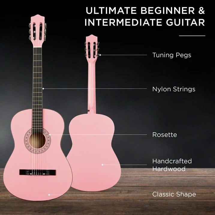 38in Beginner Acoustic Guitar Starter Kit w  Gig Bag, Strap, Strings - Pink