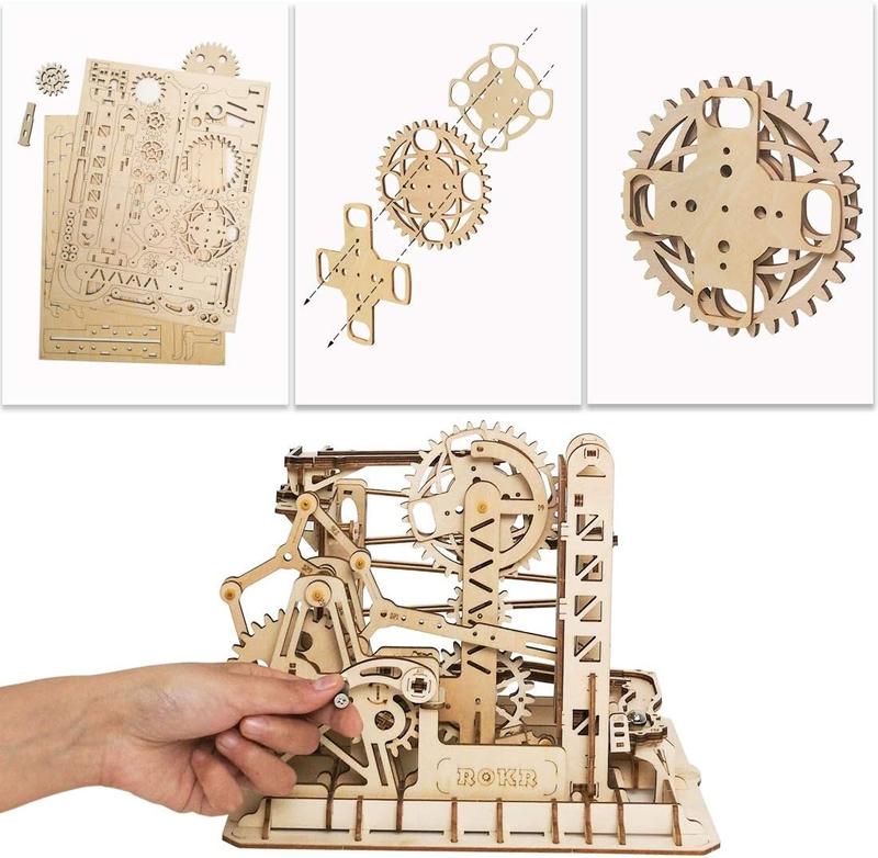 ROKR 3D Assembly Wooden Puzzle Brain Teaser Game Mechanical Gears Set Model Kit Marble Run Set Unique Craft Kits Christmas Birthday Valentine's Gift for Adults & Kids Age 14+(LG503-Lift Coaster)