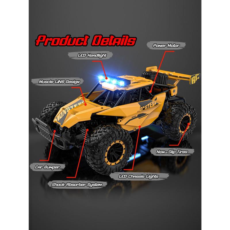 Remote Control Car - 2.4GHz High Speed 33KM H RC Cars Toys, 1:12 RC Monster Trucks Offroad Hobby RC Truck Toys With LED Headlight And Rechargeable Battery Gift For Adults Boys 8-12 Kids