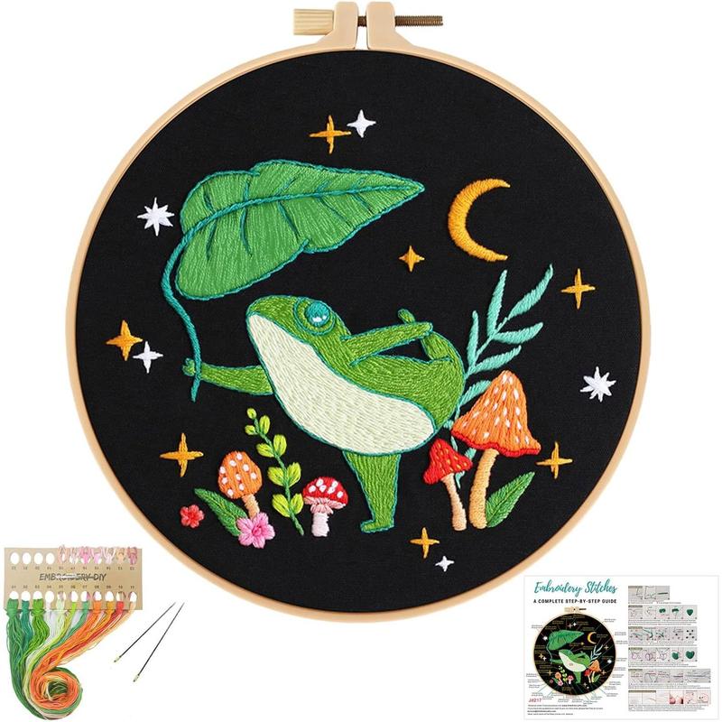 Frog Embroidery Kits for Beginners with Art Night Pattern, Cross Stitch Kit for Adults,DIY Needlepoint Kits for Embroidery Starter