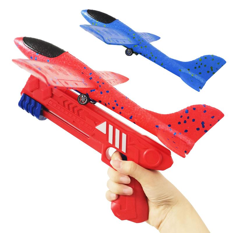 Boy Toys 2 Pack Airplane Launcher Toys, 2 Flight Modes Outdoor Throwing Foam Glider with Catapult Plane Gun Birthday Gift for 6+ Years Old Kid flying  ball Bubble Plane Large LED