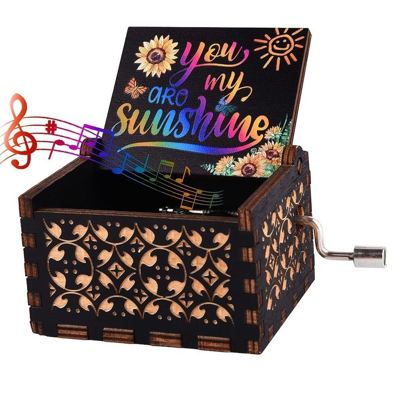 Vintage Wooden Music Box, 1 Count Letter & Sun Pattern Creative Mini Music Box, Gift for Birthdays, Christmas & Valentine's Day