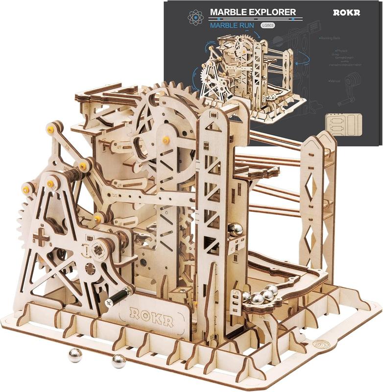 ROKR 3D Assembly Wooden Puzzle Brain Teaser Game Mechanical Gears Set Model Kit Marble Run Set Unique Craft Kits Christmas Birthday Valentine's Gift for Adults & Kids Age 14+(LG503-Lift Coaster)