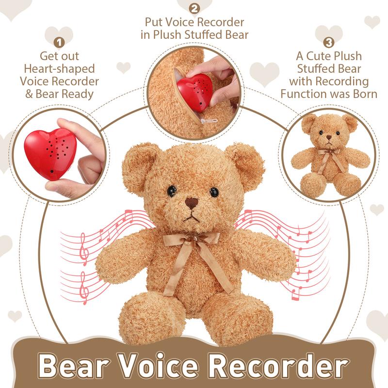 16 Inch Bear Stuffed Animal with Voice Recorder Set 60 Seconds Voice Sound Recorder Module Christmas Plush Stuffed Animal Bear with Zipper Sound Box Recordable Heart for Girls Boys Christmas Valentine's Day Wedding Anniversary Birthday Gift