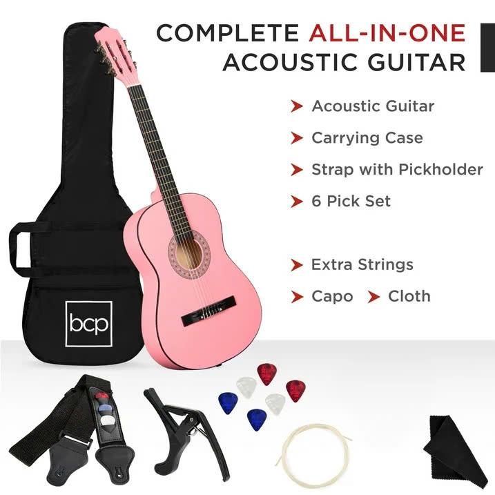 38in Beginner Acoustic Guitar Starter Kit w  Gig Bag, Strap, Strings - Pink