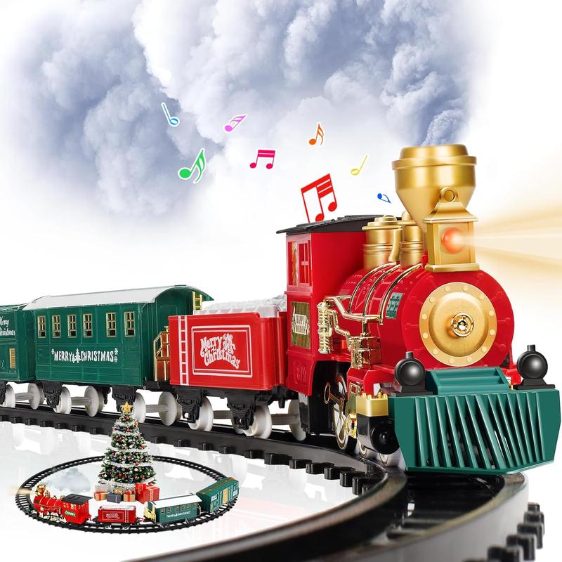 Christmas Electric Train Set Toy with Water Steam, Sounds & Lights and 4 Straight Tracks, Model Train Set for Under The Xmas Tree, Xmas Gifts for 3, 4, 5, 6, 7, 8+ Year Old Boy & Girl