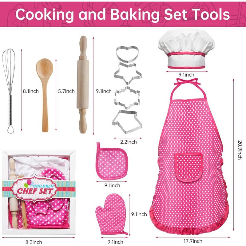 Kids Cooking and Baking Set, 11 Pieces Kids Apron, Chef Costume Set Including Kids Apron and Chef Hat, Gloves and Cooking, Kids Chef Role Play Cooking Toy Gift for Boys Girls