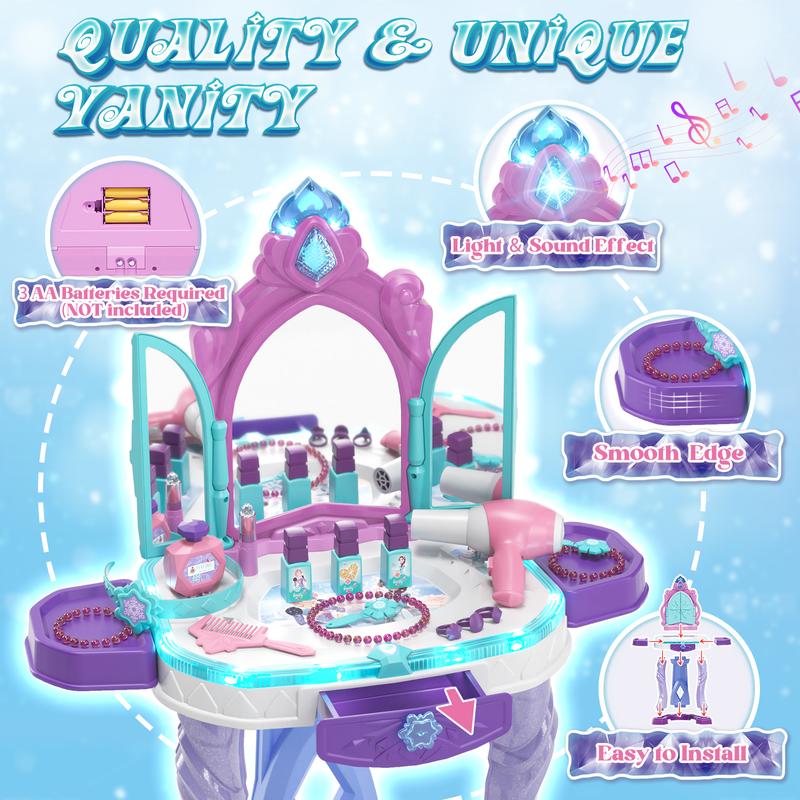 Lehoo Castle Pretend Play Girls Makeup Table Set with Stool，Kids Vanity Set with Lights and Music，Kids Beauty Salon Set with Makeup Accessories & Hair Dryer Toy，Best Birthday Gifts, Back to school gifts makeup toys girl memory training and observation