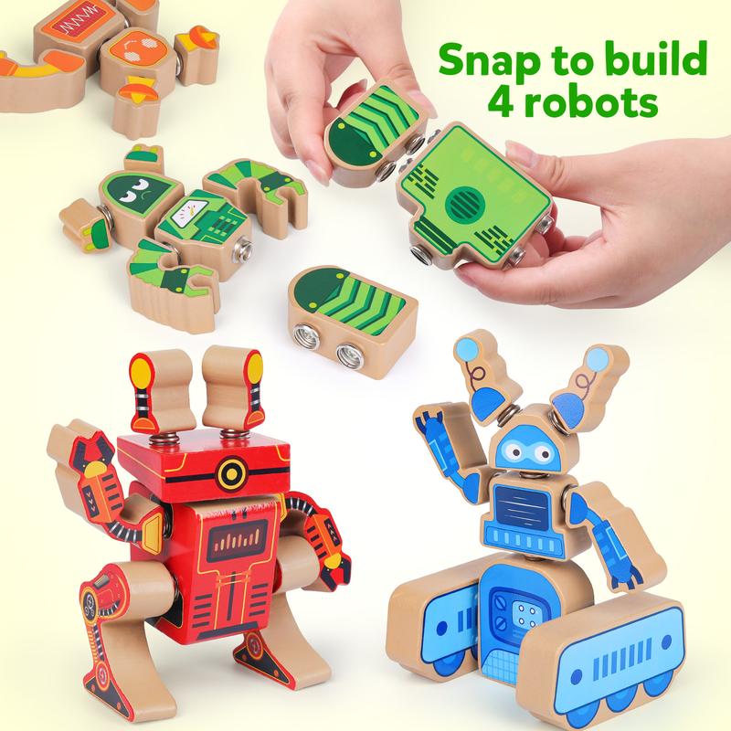 Wooden Robot Building Block Set, Snap Together Robot Builders, STEM Educational Toy for Kids