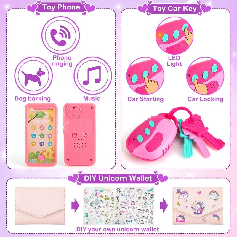 Christmas Gift Play Purse for Little Girls, Christmas  Pretend Play Toy Phone, Keys, Princess Toy Accessories Kids Purse Birthday Gift