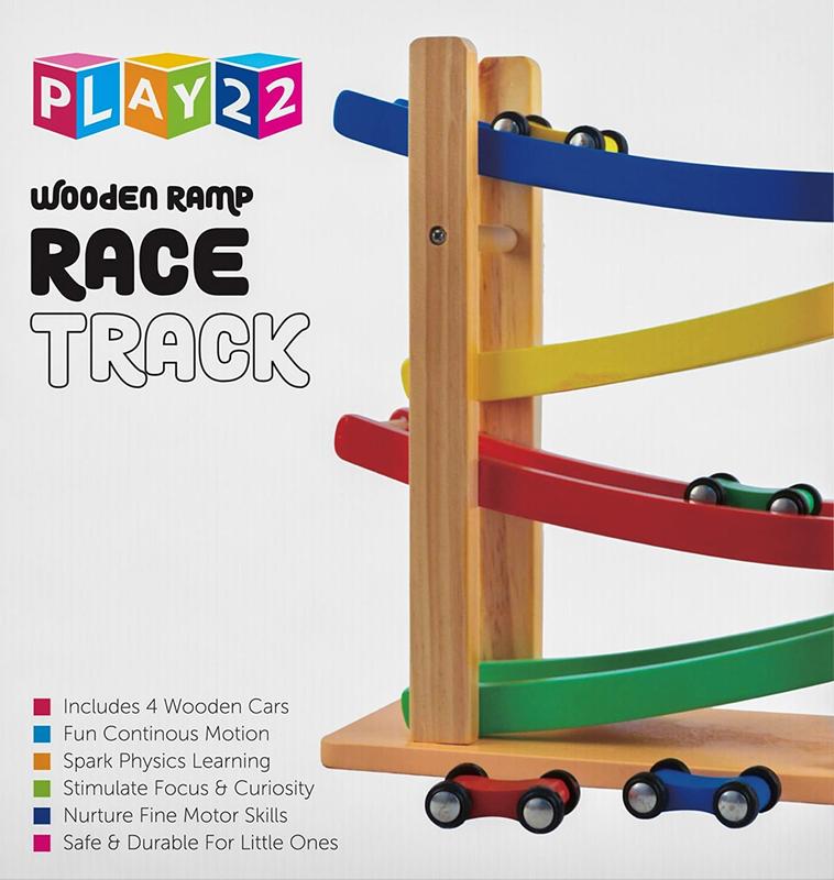 4 Level Toy Wooden Car Roller Ramp - Wooden Race Track Car Ramp Racer With 4 Wooden Cars - Toddler Race Car Ramp - Play22