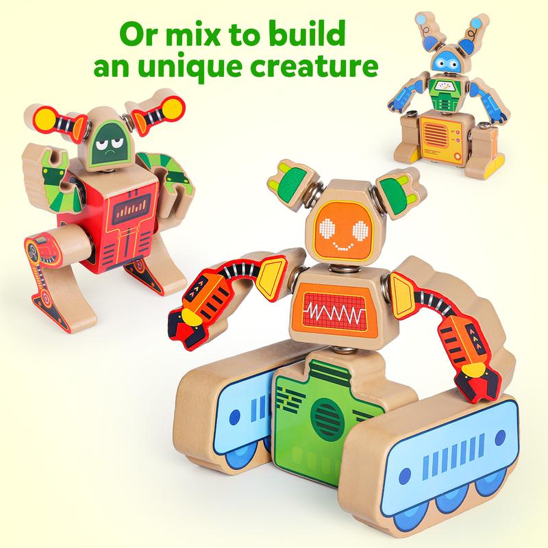 Wooden Robot Building Block Set, Snap Together Robot Builders, STEM Educational Toy for Kids