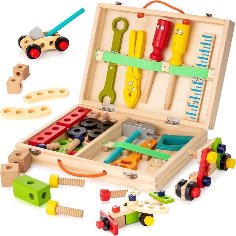 Tool Kit for Kids, Wooden Toddler Tools Set Including Tool Box & DIY Stickers, Montessori Educational STEM Construction Toys, Gift for Boys Girls