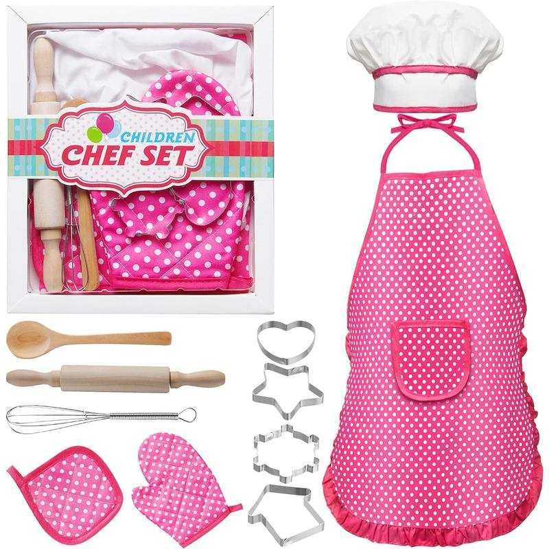 Kids Cooking and Baking Set, 11 Pieces Kids Apron, Chef Costume Set Including Kids Apron and Chef Hat, Gloves and Cooking, Kids Chef Role Play Cooking Toy Gift for Boys Girls