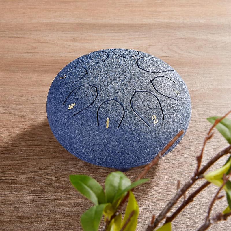 Steel Tongue Drum, 6 Inch 8 Note Rain Chime Drum with Bag, Music Book, Drumsticks, Mallet Holder and Finger Paddles, for Camping, Meditation or Yoga .(Navy Blue)